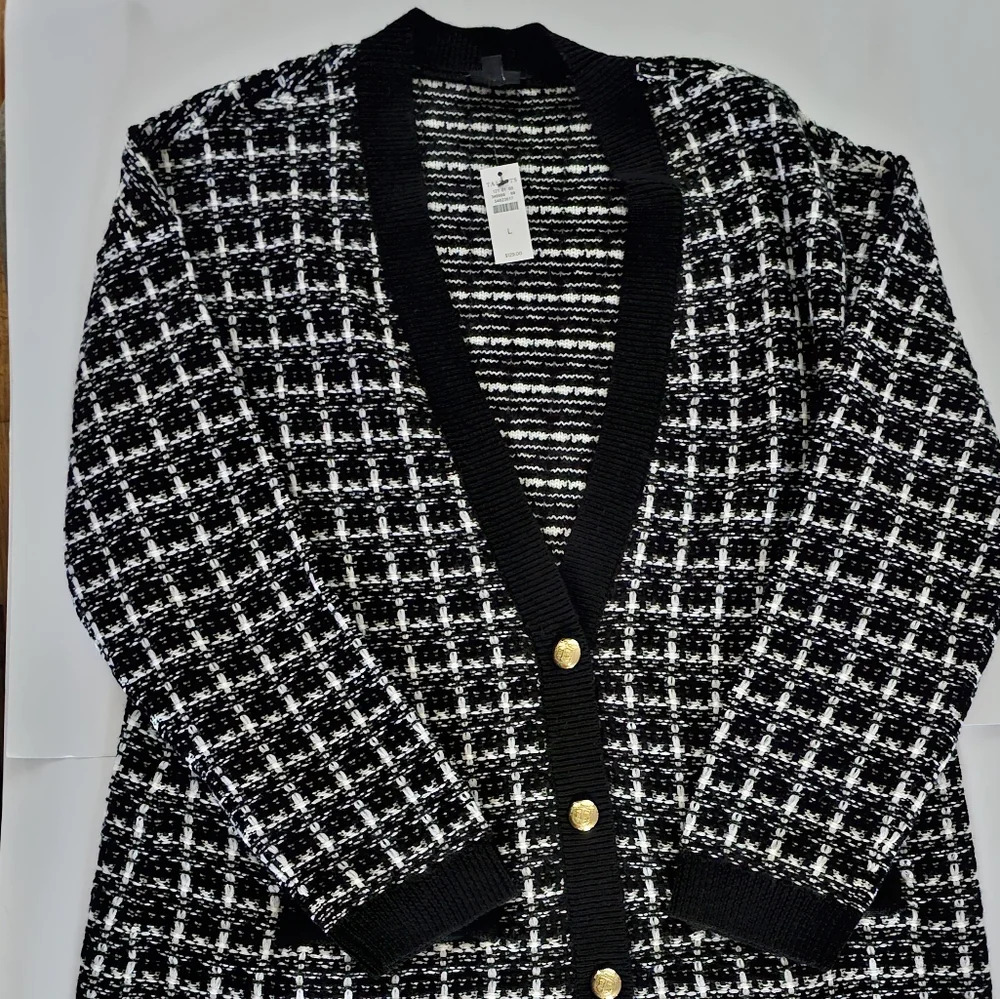 Talbots Textured Plaid Merino Wool Cardigan - Picture 3 of 7